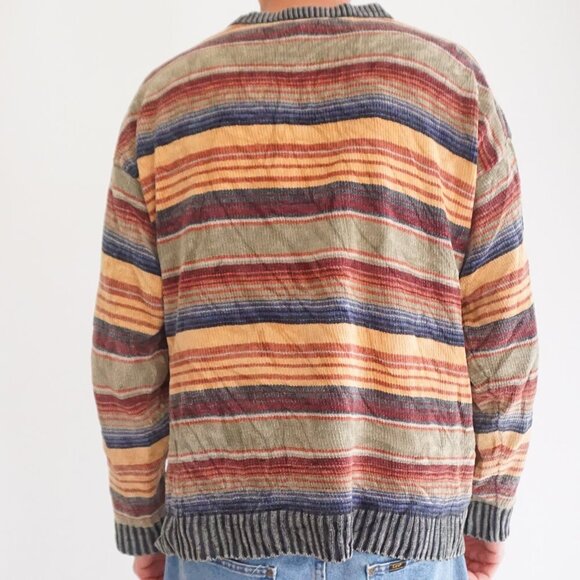 Geoffrey Beene Green Orange Striped Biggie Eclectic 100% Cotton Knit Sweater L - Picture 3 of 9